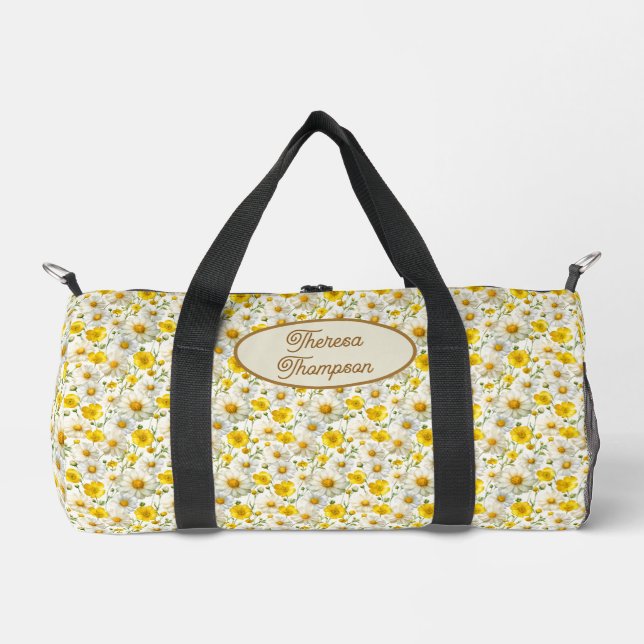 Yellow Wildflowers Pattern Monogram Name Duffle Bag (Front)
