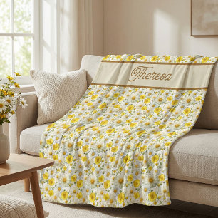 Yellow Wildflowers Pattern Monogram Name Fleece Blanket