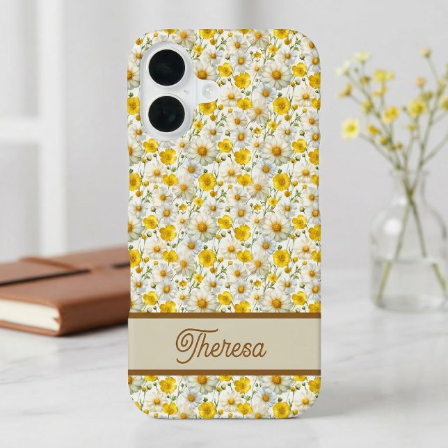 Yellow Wildflowers Pattern Monogram Name iPhone 16 Case (Creator Uploaded)