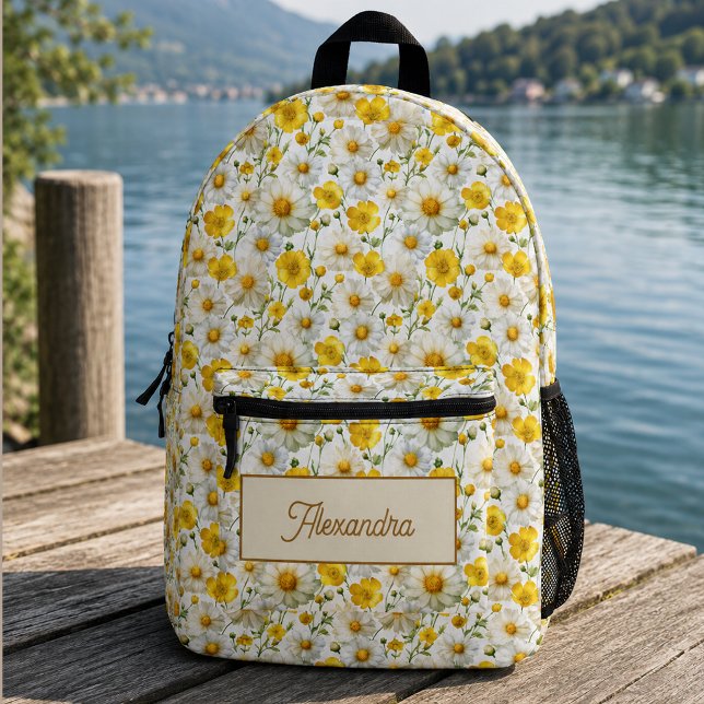 Yellow Wildflowers Pattern Monogram Name Printed Backpack (Creator Uploaded)