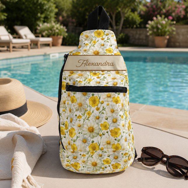 Yellow Wildflowers Pattern Monogram Name Sling Bag (Creator Uploaded)