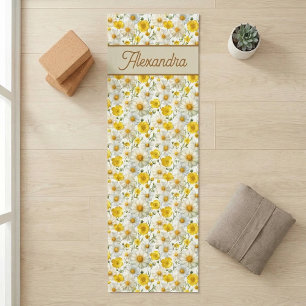 Yellow Wildflowers Pattern Monogram Name Yoga Mat