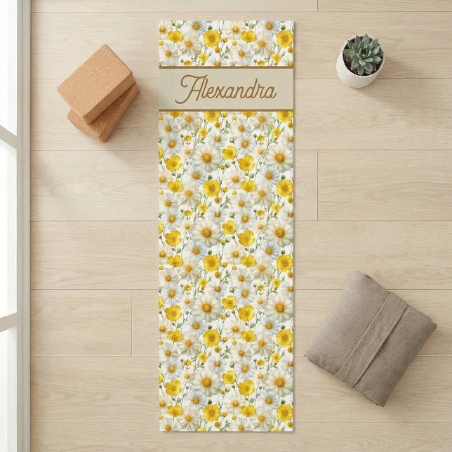 Yellow Wildflowers Pattern Monogram Name Yoga Mat (Creator Uploaded)