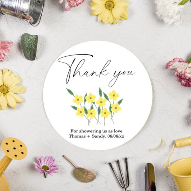 Yellow Wildflowers Thank you Baby Shower party Classic Round Sticker (Creator Uploaded)