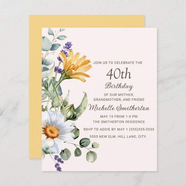 Yellow Wildflowers White Daisies 40th Birthday (Front/Back)
