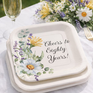 Yellow Wildflowers White Daisies Cheers 80 Years Paper Plate
