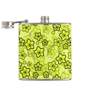 Yellow with black bright neon floral pattern hip flask