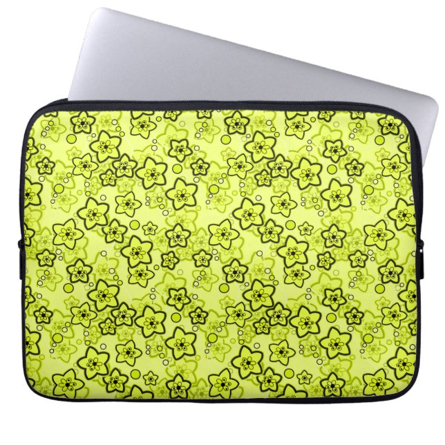 Yellow with black bright neon floral pattern laptop sleeve (Front)