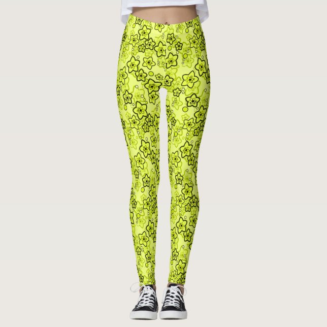 Yellow with black bright neon floral pattern leggings (Front)