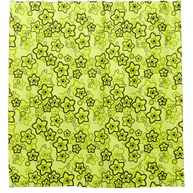 Yellow with black bright neon floral pattern shower curtain (Front)
