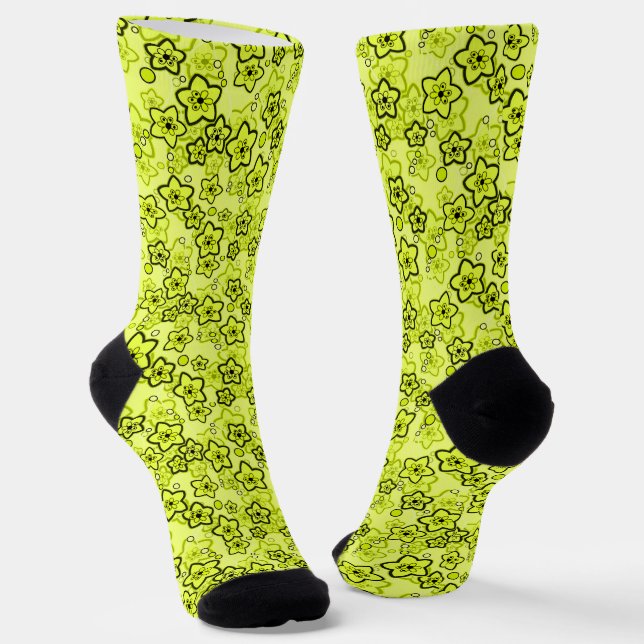 Yellow with black bright neon floral pattern socks (Angled)