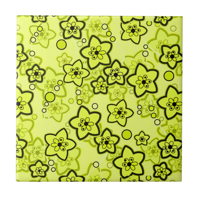 Yellow with black bright neon floral pattern tile (Front)