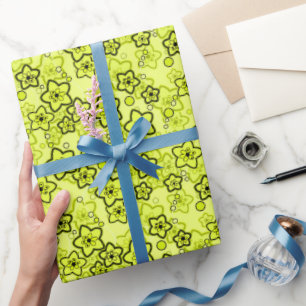 Yellow with black bright neon floral pattern wrapping paper