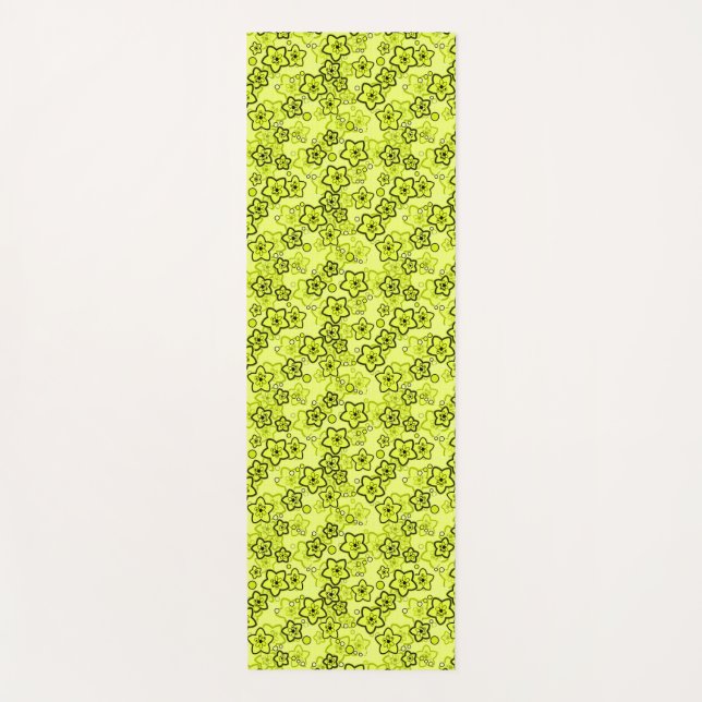 Yellow with black bright neon floral pattern yoga mat (Front)