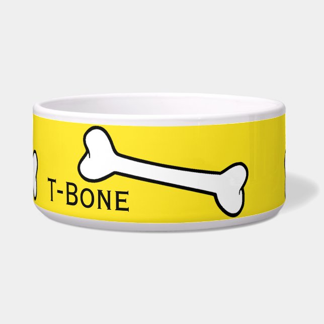 Yellow with Cartoon Bones Custom Pet Bowl (Front)