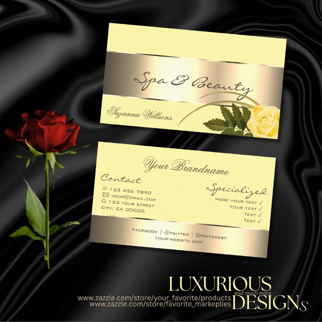 Yellow with Gold Decor and Cute Rose Flower Modern Business Card (Creator Uploaded)