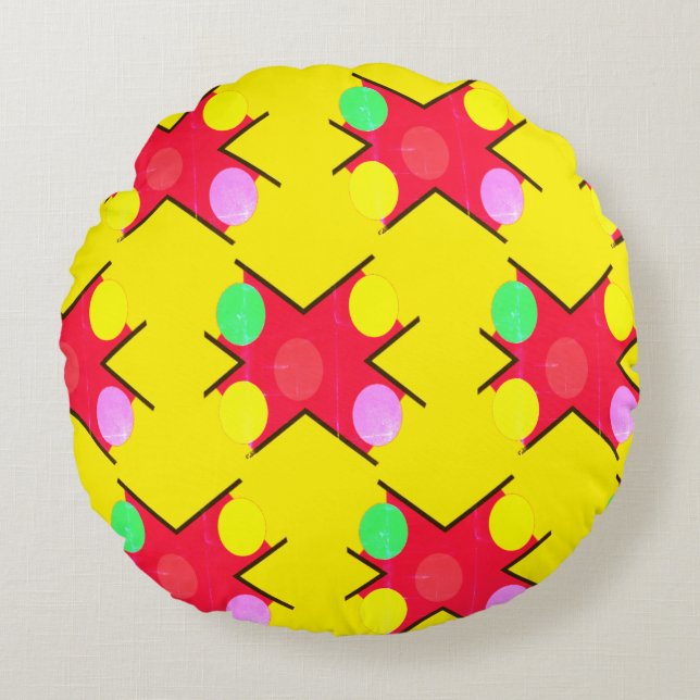 Yellow with large coloured patterns     round cushion (Front)