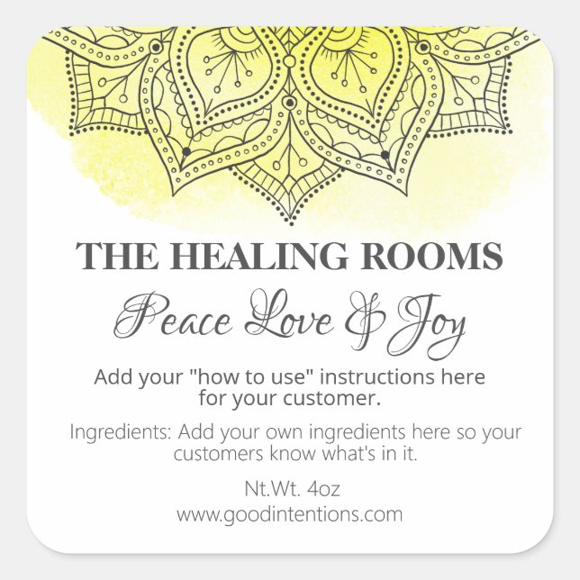 Yellow With Mandala Design Natural Therapy Labels (Front)