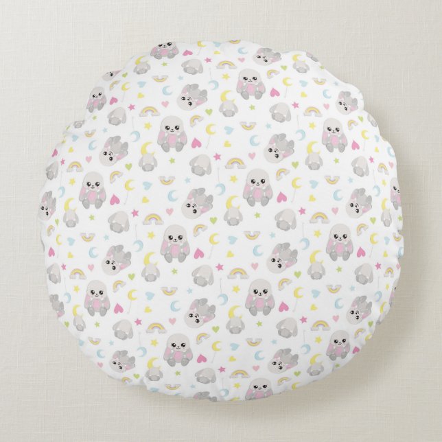 YELLOW WITH PLUSH BUNNIES MOONS STARS ROUND CUSHION (Front)