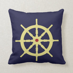 Yellow with Red Ship Helm in Navy Blue Background. Cushion