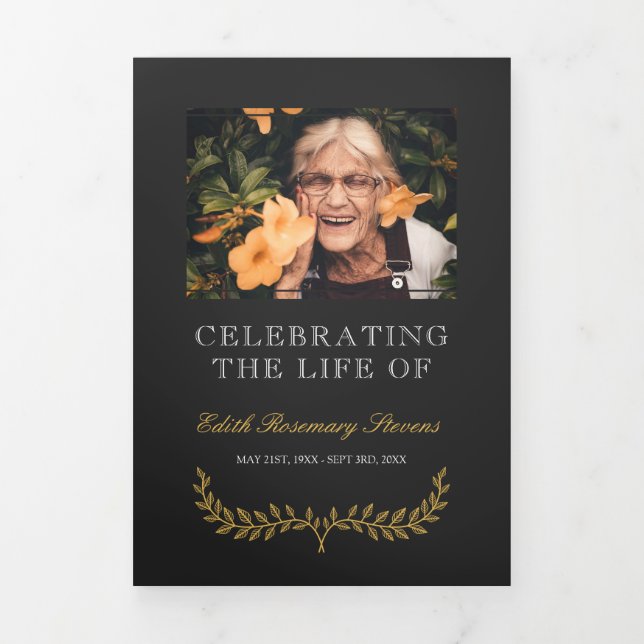 Yellow Wreath Photo Funeral Tri-Fold Programme (Cover)