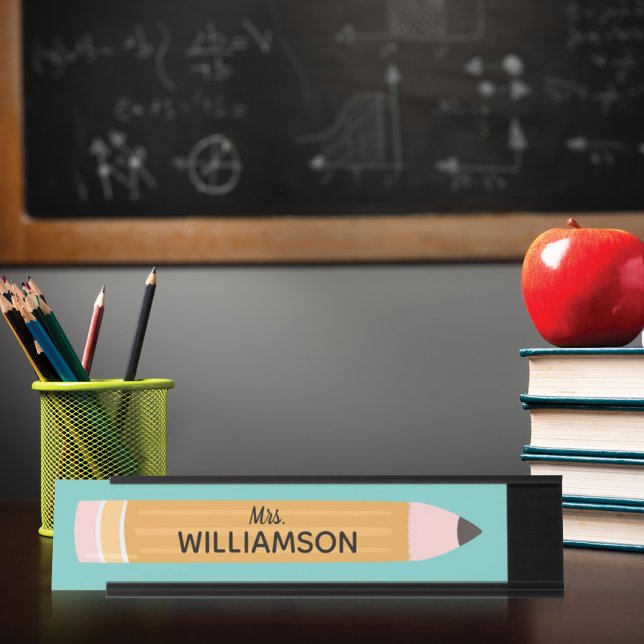 Yellow Writing Pencil Personalised Teacher Desk Name Plate (Creator Uploaded)