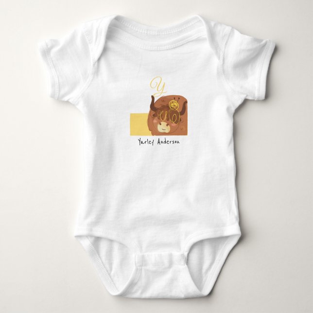Yellow Yak • Add Your Name Cute Alphabet Monogram Baby Bodysuit (Front)