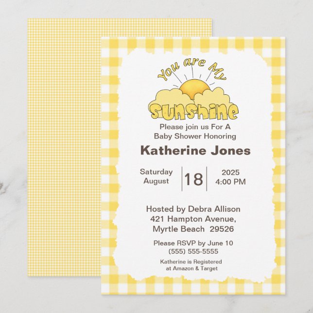 Yellow You Are My Sunshine Baby Shower  Invitation (Front/Back)