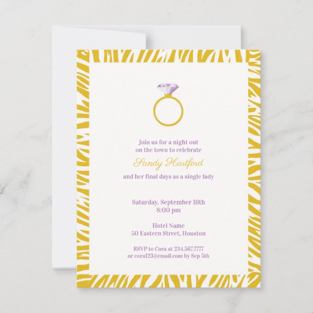Yellow Zebra Bachelorette Party Flat Invitation (Front)