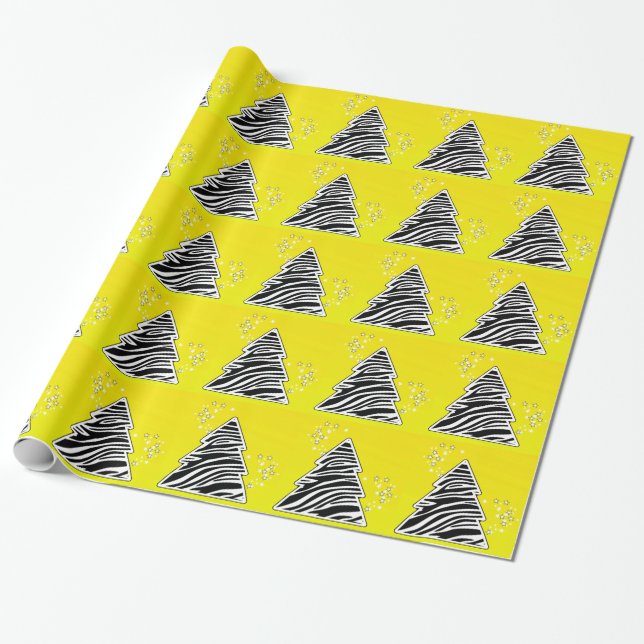 Yellow Zebra Christmas Tree Wrapping Paper (Unrolled)
