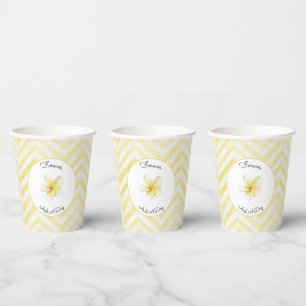 Yellow Zigzag Stripes Plumeria Flower Wedding Paper Cups