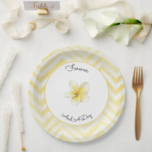 Yellow Zigzag Stripes Plumeria Flower Wedding Paper Plate