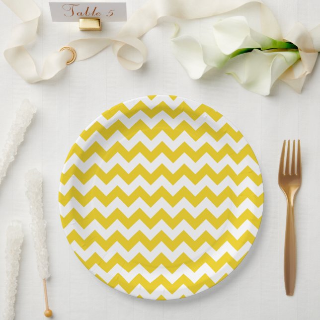 Yellow Zigzag, Yellow Chevron, Geometric Pattern Paper Plate (Wedding)