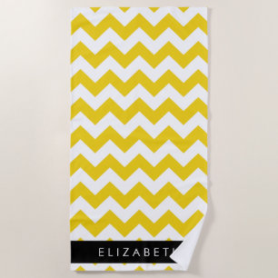 Yellow Zigzag, Yellow Chevron, Your Name Beach Towel