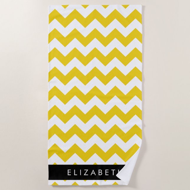 Yellow Zigzag, Yellow Chevron, Your Name Beach Towel (Front)