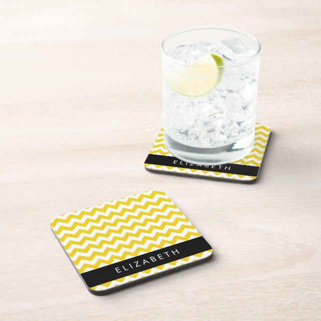 Yellow Zigzag, Yellow Chevron, Your Name Coaster (Right Side)