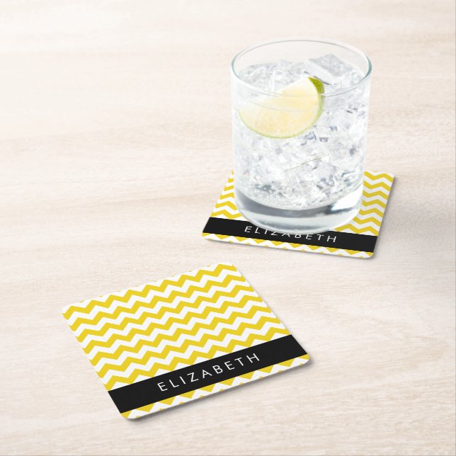 Yellow Zigzag, Yellow Chevron, Your Name Square Paper Coaster (Insitu)
