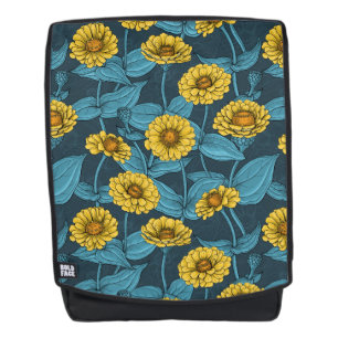Yellow Zinnias on dark blue Backpack