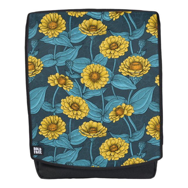 Yellow Zinnias on dark blue Backpack (Front)
