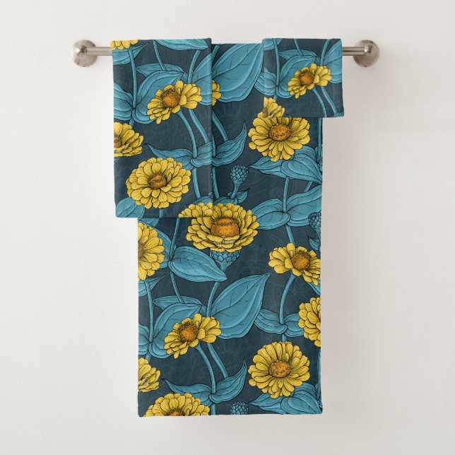 Yellow Zinnias on dark blue Bath Towel Set (Insitu)