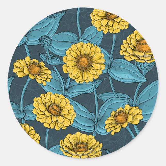 Yellow Zinnias on dark blue Classic Round Sticker (Front)