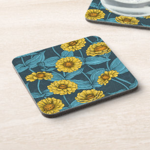Yellow Zinnias on dark blue Coaster