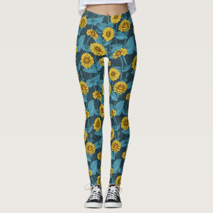 Yellow Zinnias on dark blue Leggings