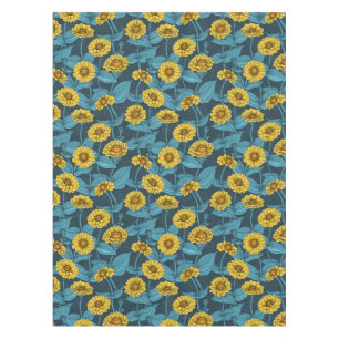 Yellow Zinnias on dark blue Tablecloth