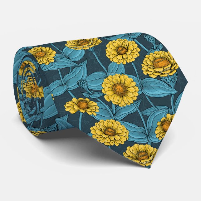 Yellow Zinnias on dark blue Tie (Rolled)