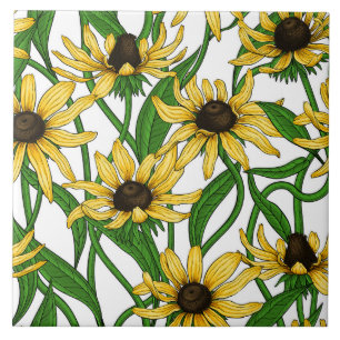 Yellow Zinnias on dark blue Tile
