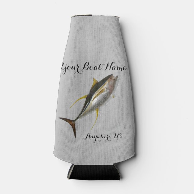 Yellowfin Tuna Custom Boat Name Bottle Cooler (Front)