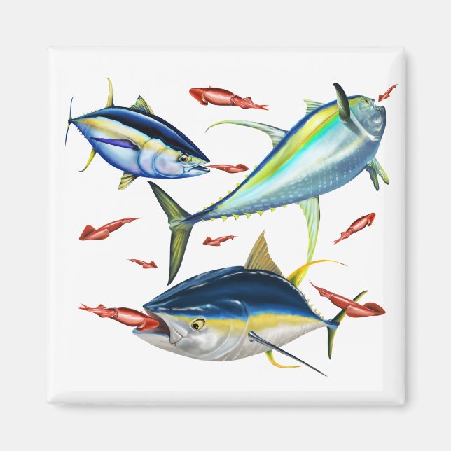 Yellowfin Tunas hunting Squid Magnet (Front)