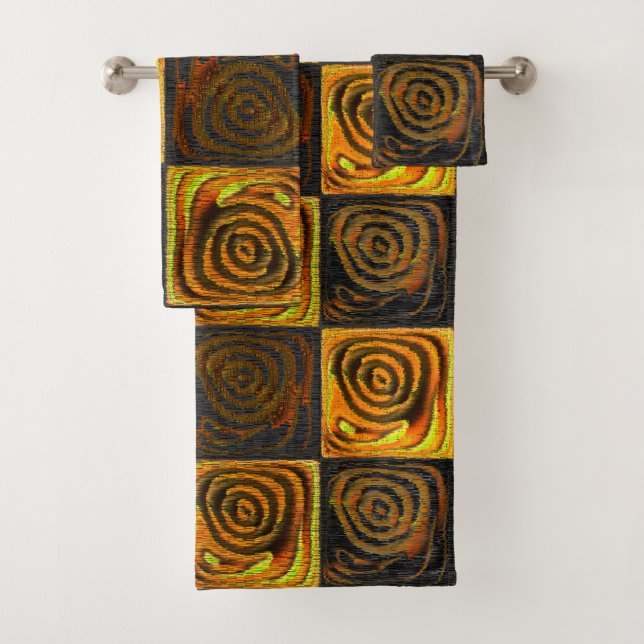 Yellowish squares and circles in rustic mosaic thr bath towel set (Insitu)