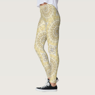 Yellows and White Mandala Kaleidoscope Medallion Leggings